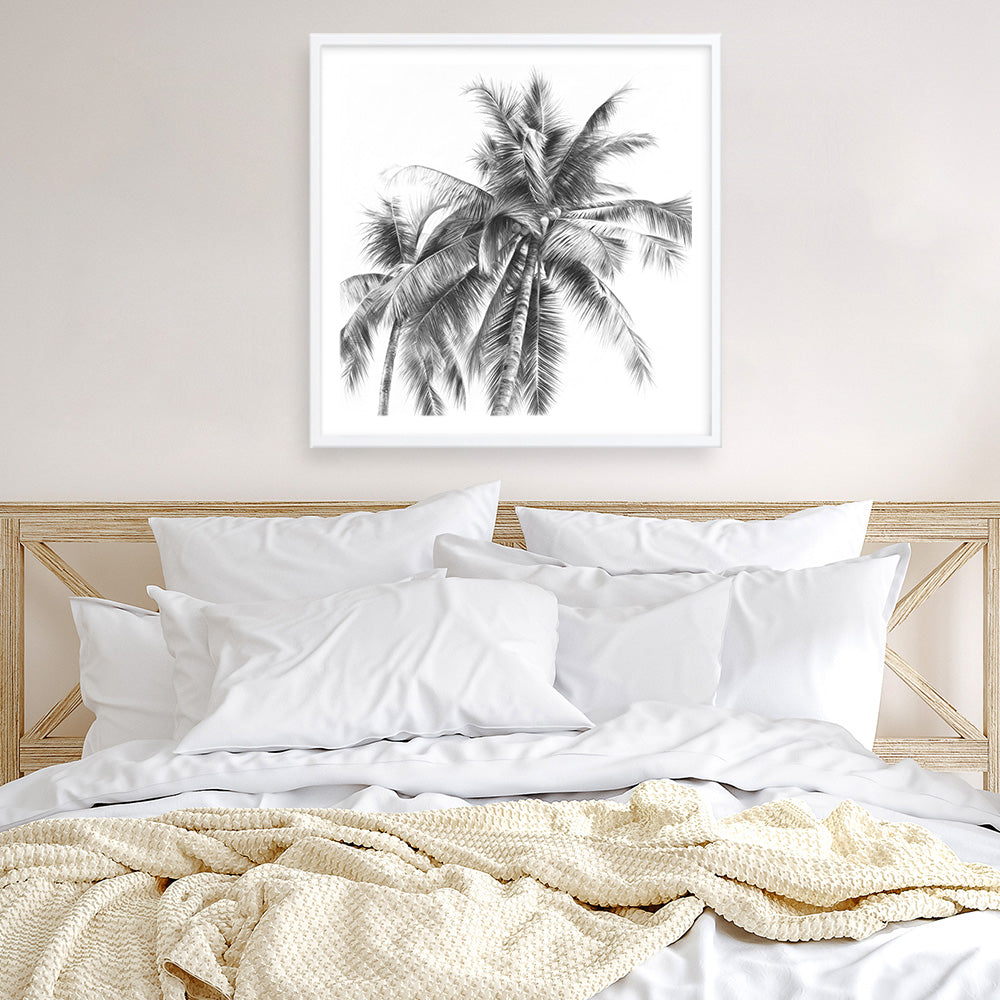 Shop Summer Palms I (B&W) (Square) Art Print a coastal themed painted wall art print from The Print Emporium wall artwork collection - Buy Australian made fine art painting style poster and framed prints for the home and your interior decor room, TPE-357-AP