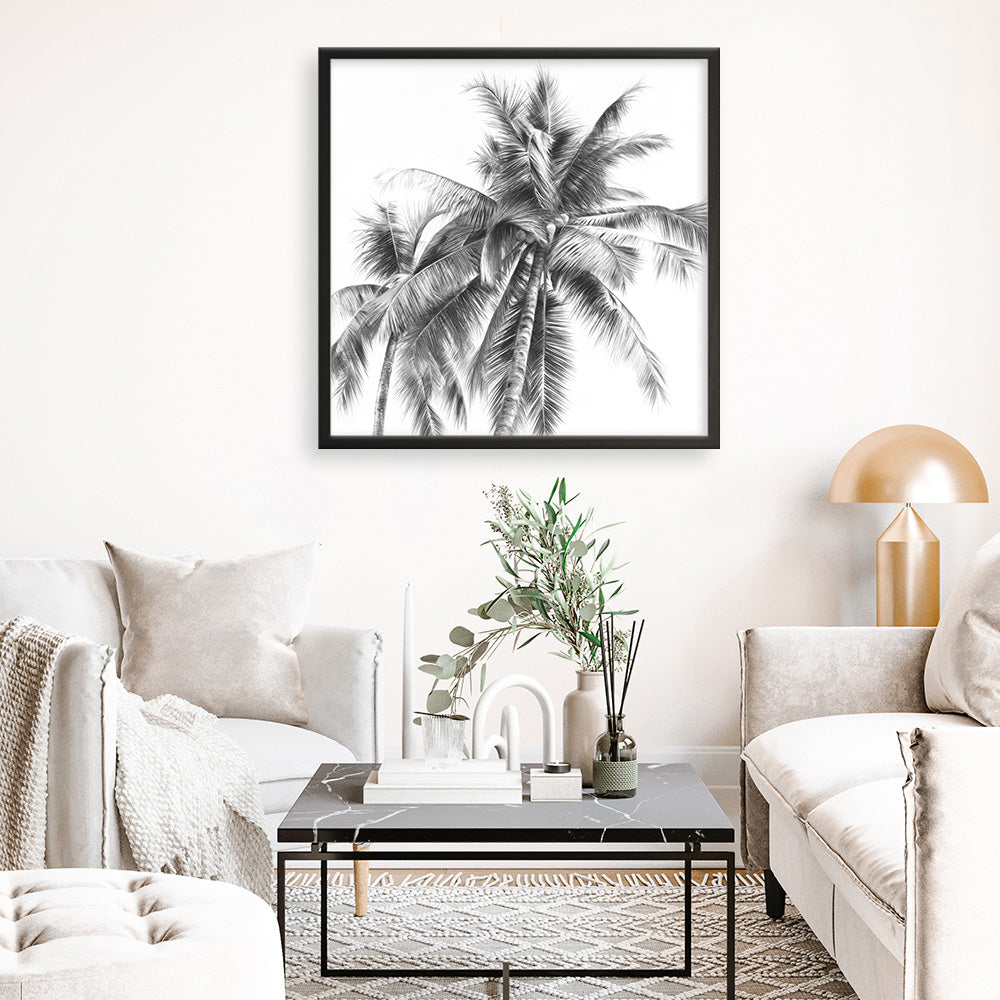 Shop Summer Palms I (B&W) (Square) Art Print a coastal themed painted wall art print from The Print Emporium wall artwork collection - Buy Australian made fine art painting style poster and framed prints for the home and your interior decor room, TPE-357-AP