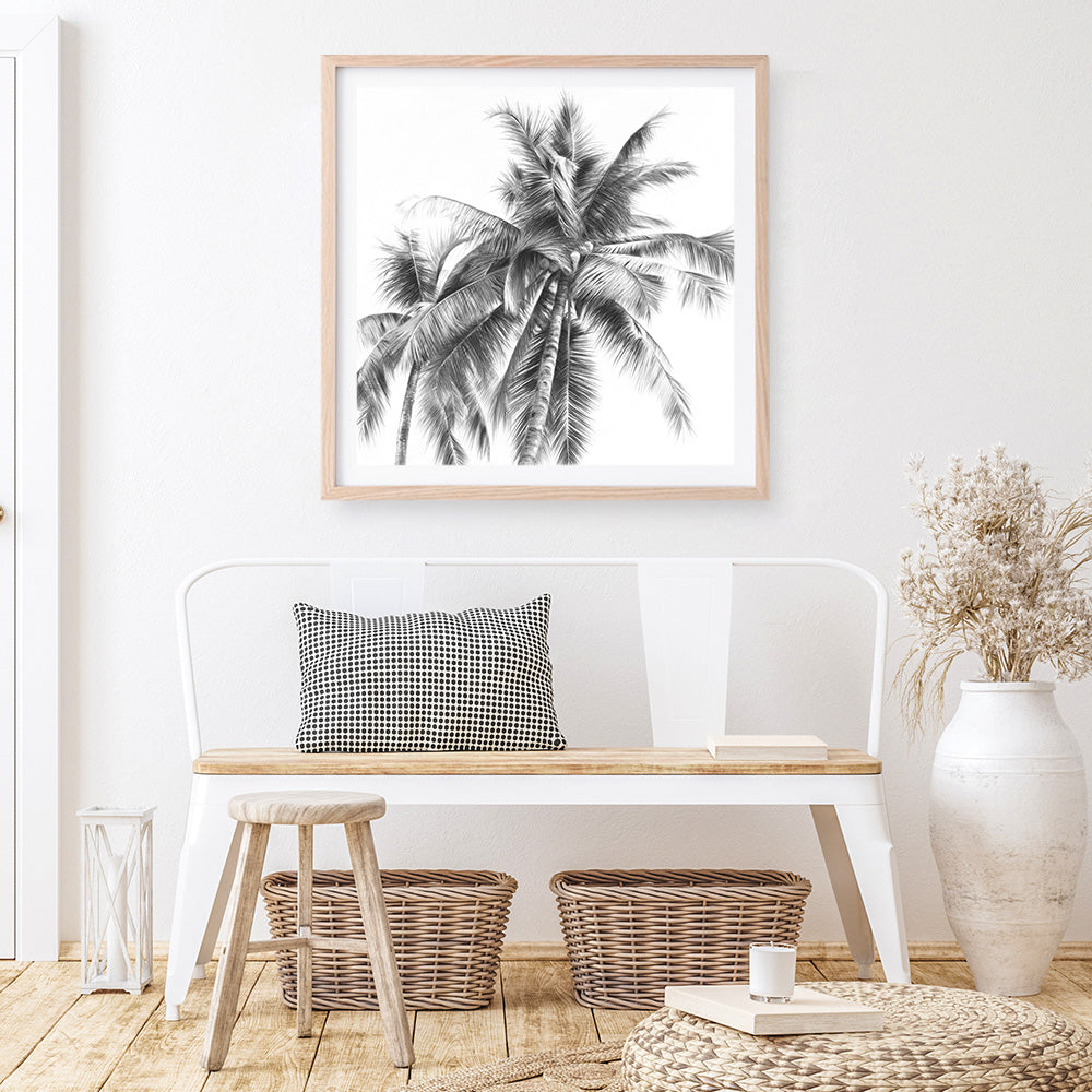Shop Summer Palms I (B&W) (Square) Art Print a coastal themed painted wall art print from The Print Emporium wall artwork collection - Buy Australian made fine art painting style poster and framed prints for the home and your interior decor room, TPE-357-AP