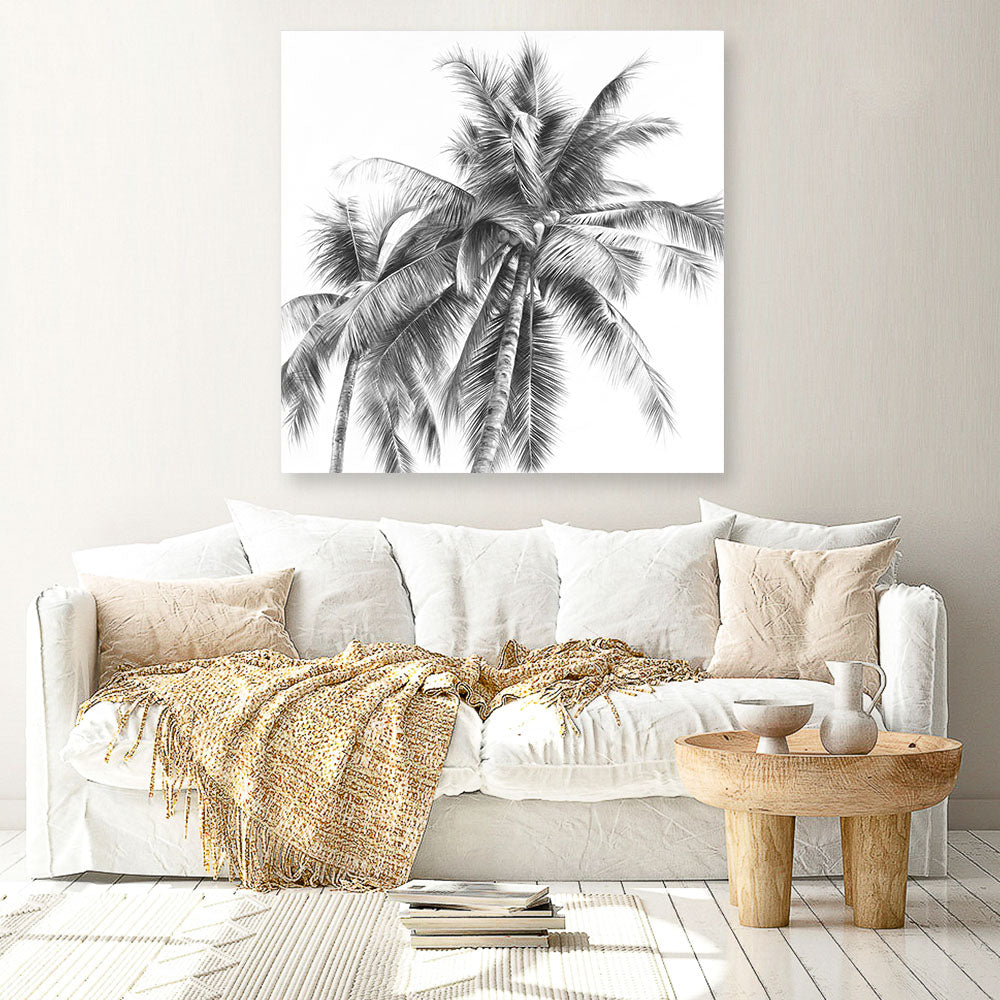 Shop Summer Palms I (B&W) (Square) Canvas Print a coastal themed painted framed canvas wall art print from The Print Emporium artwork collection - Buy Australian made fine art painting style stretched canvas prints for the home and your interior decor space, TPE-357-CA-40X40-NF