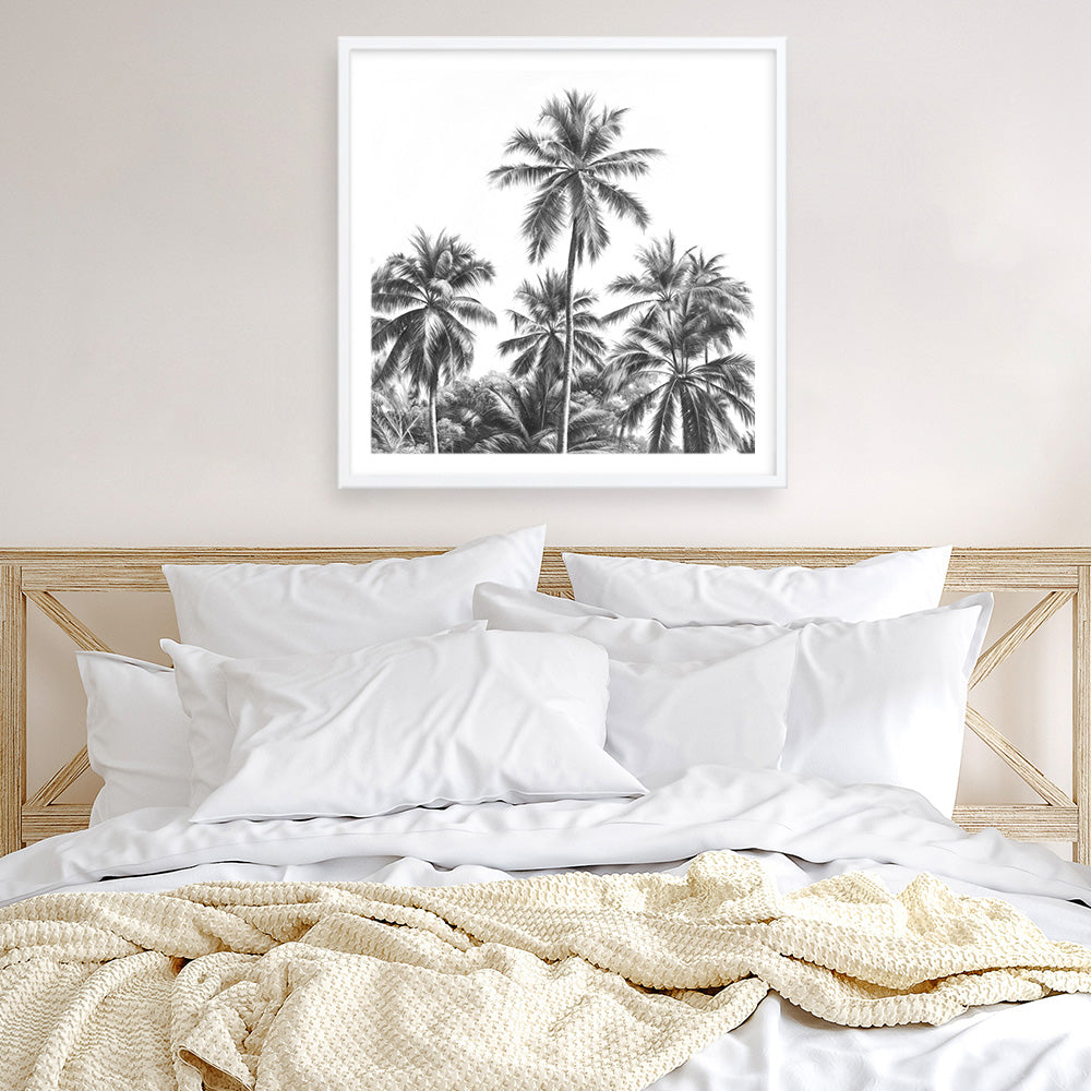 Shop Summer Palms II (B&W) (Square) Art Print a coastal themed painted wall art print from The Print Emporium wall artwork collection - Buy Australian made fine art painting style poster and framed prints for the home and your interior decor room, TPE-358-AP