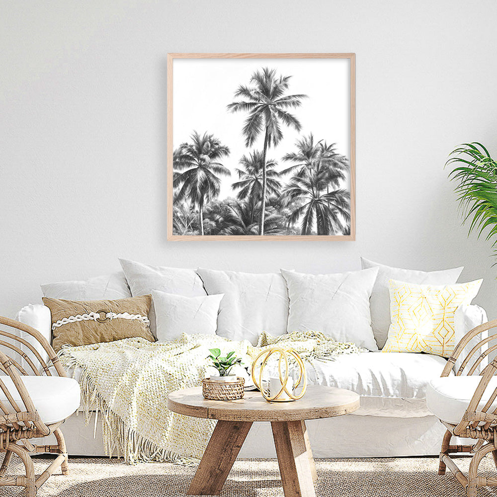 Shop Summer Palms II (B&W) (Square) Art Print a coastal themed painted wall art print from The Print Emporium wall artwork collection - Buy Australian made fine art painting style poster and framed prints for the home and your interior decor room, TPE-358-AP