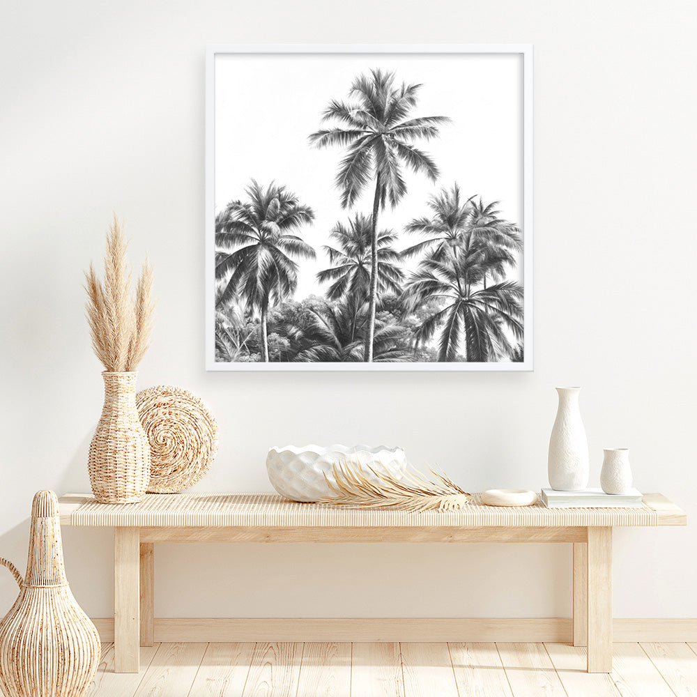 Shop Summer Palms II (B&W) (Square) Art Print a coastal themed painted wall art print from The Print Emporium wall artwork collection - Buy Australian made fine art painting style poster and framed prints for the home and your interior decor room, TPE-358-AP