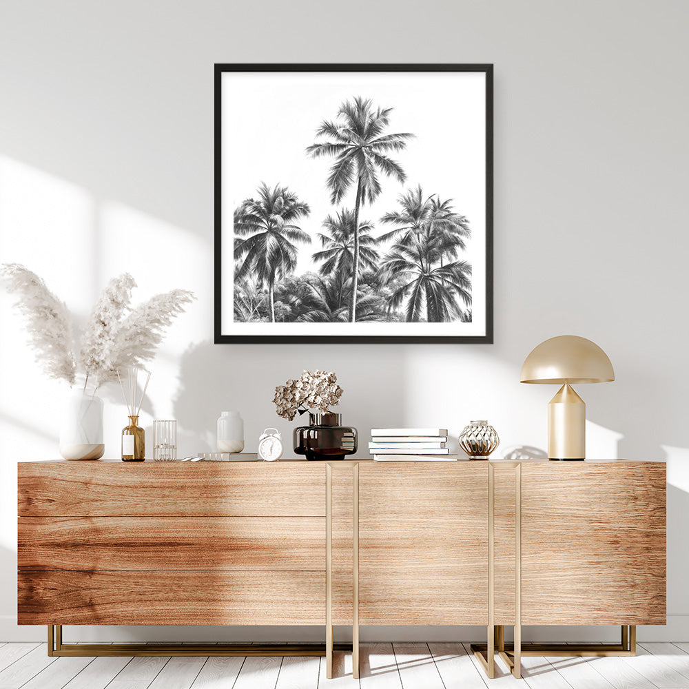 Shop Summer Palms II (B&W) (Square) Art Print a coastal themed painted wall art print from The Print Emporium wall artwork collection - Buy Australian made fine art painting style poster and framed prints for the home and your interior decor room, TPE-358-AP