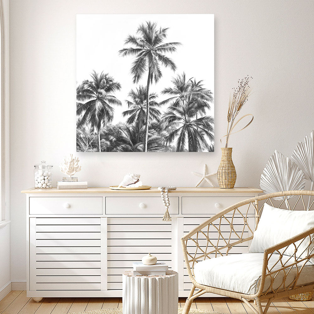 Shop Summer Palms II (B&W) (Square) Canvas Print a coastal themed painted framed canvas wall art print from The Print Emporium artwork collection - Buy Australian made fine art painting style stretched canvas prints for the home and your interior decor space, TPE-358-CA-40X40-NF