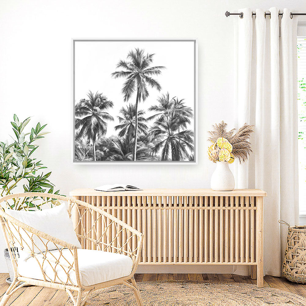 Shop Summer Palms II (B&W) (Square) Canvas Print a coastal themed painted framed canvas wall art print from The Print Emporium artwork collection - Buy Australian made fine art painting style stretched canvas prints for the home and your interior decor space, TPE-358-CA-40X40-NF