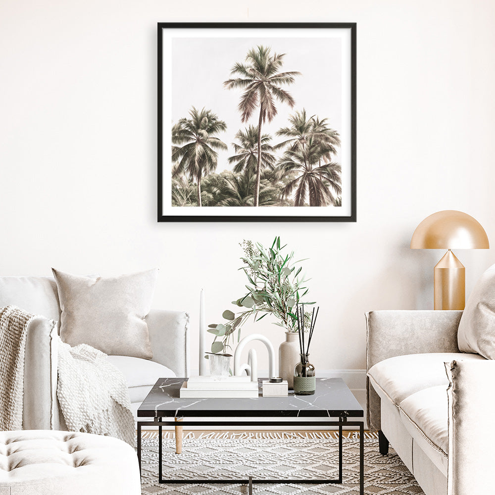 Shop Summer Palms Light II (Square) Art Print a coastal themed painted wall art print from The Print Emporium wall artwork collection - Buy Australian made fine art painting style poster and framed prints for the home and your interior decor room, TPE-436-AP