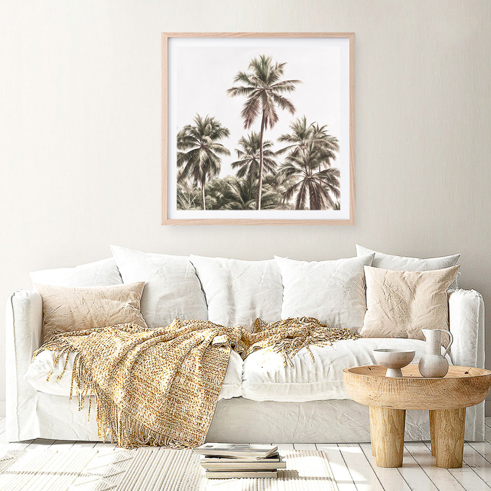 Shop Summer Palms Light II (Square) Art Print a coastal themed painted wall art print from The Print Emporium wall artwork collection - Buy Australian made fine art painting style poster and framed prints for the home and your interior decor room, TPE-436-AP