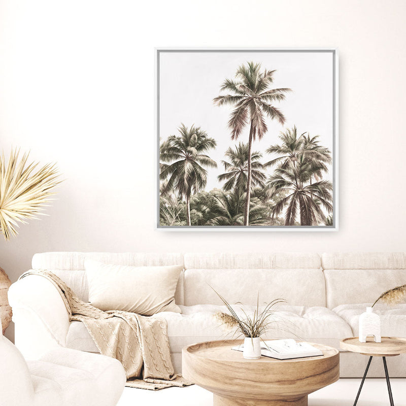 Shop Summer Palms Light II (Square) Canvas Print a coastal themed painted framed canvas wall art print from The Print Emporium artwork collection - Buy Australian made fine art painting style stretched canvas prints for the home and your interior decor space, TPE-436-CA-40X40-NF