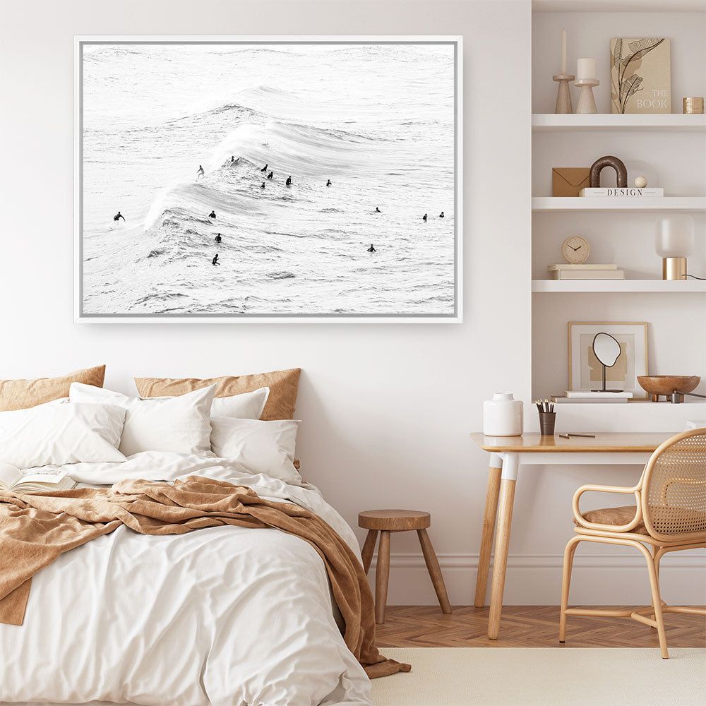 Shop Surf Swell B&W Photo Canvas Print a coastal themed photography framed stretched canvas print from The Print Emporium wall artwork collection - Buy Australian made prints for the home and your interior decor space, TPE-1161-CA-35X46-NF