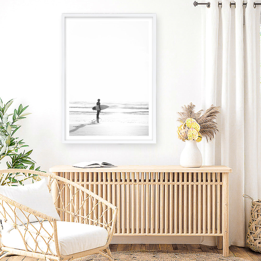 Shop Surfer On The Sand Photo Art Print a coastal themed photography wall art print from The Print Emporium wall artwork collection - Buy Australian made fine art poster and framed prints for the home and your interior decor, TPE-1064-AP