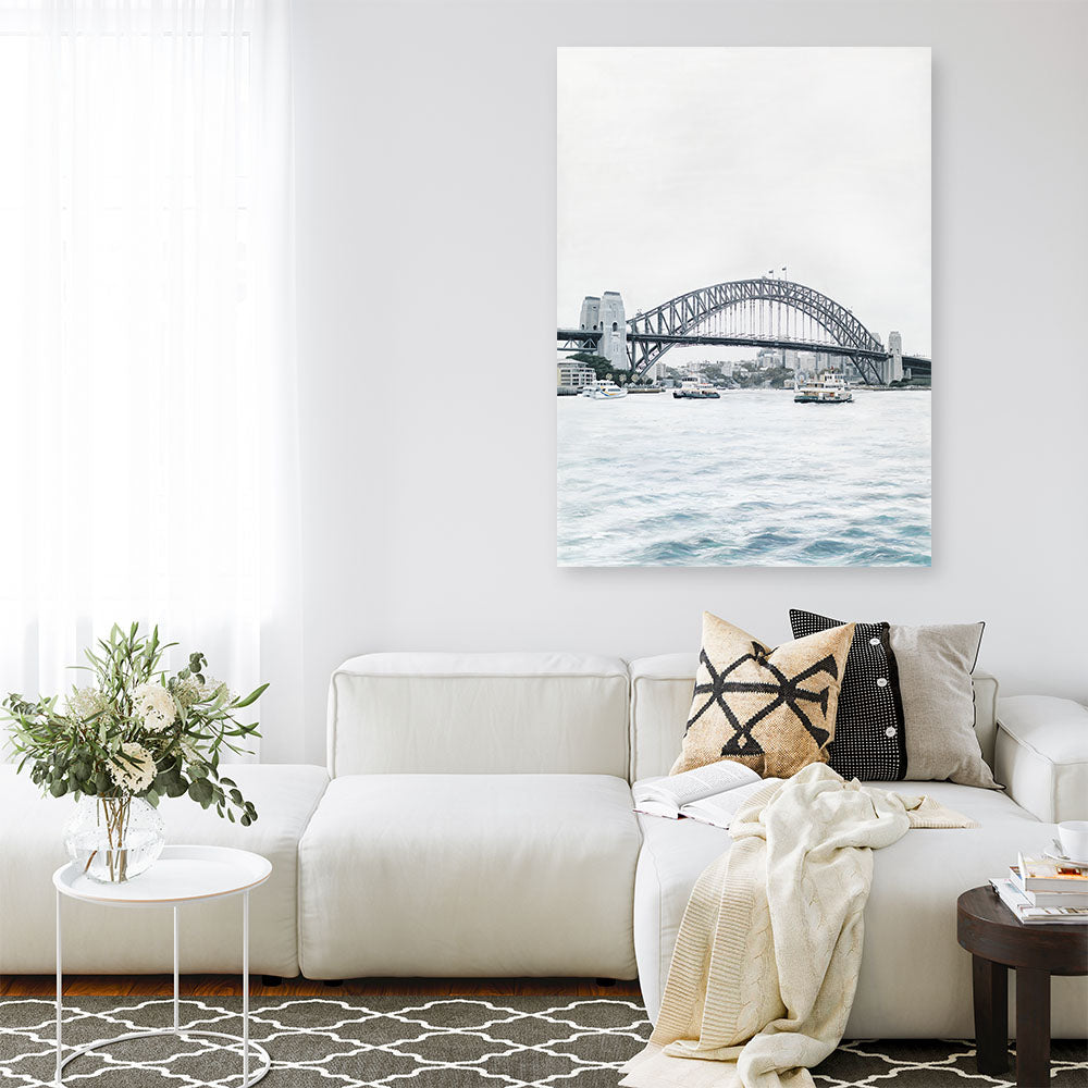 Shop Sydney Harbour Bridge Canvas Print a coastal themed painted framed canvas wall art print from The Print Emporium artwork collection - Buy Australian made fine art painting style stretched canvas prints for the home and your interior decor space, TPE-755-CA-35X46-NF