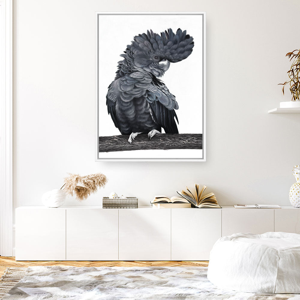 Shop Theo The Black Cockatoo Canvas Print a painted bird themed framed canvas wall art print from The Print Emporium artwork collection - Buy Australian made fine art painting style stretched canvas prints for the home and your interior decor space, TPE-340-CA-35X46-NF