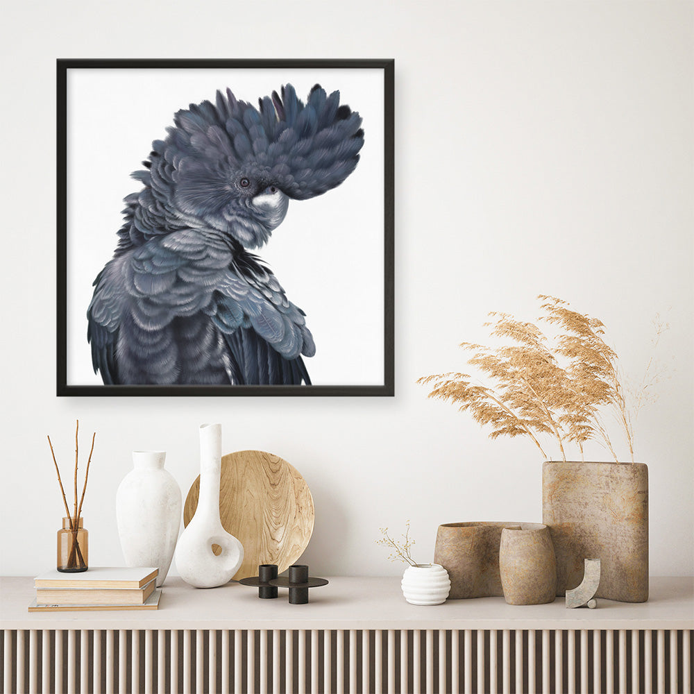 Shop Theo The Black Cockatoo (Square) Art Print a painted bird themed wall art print from The Print Emporium wall artwork collection - Buy Australian made fine art painting style poster and framed prints for the home and your interior decor room, TPE-336-AP