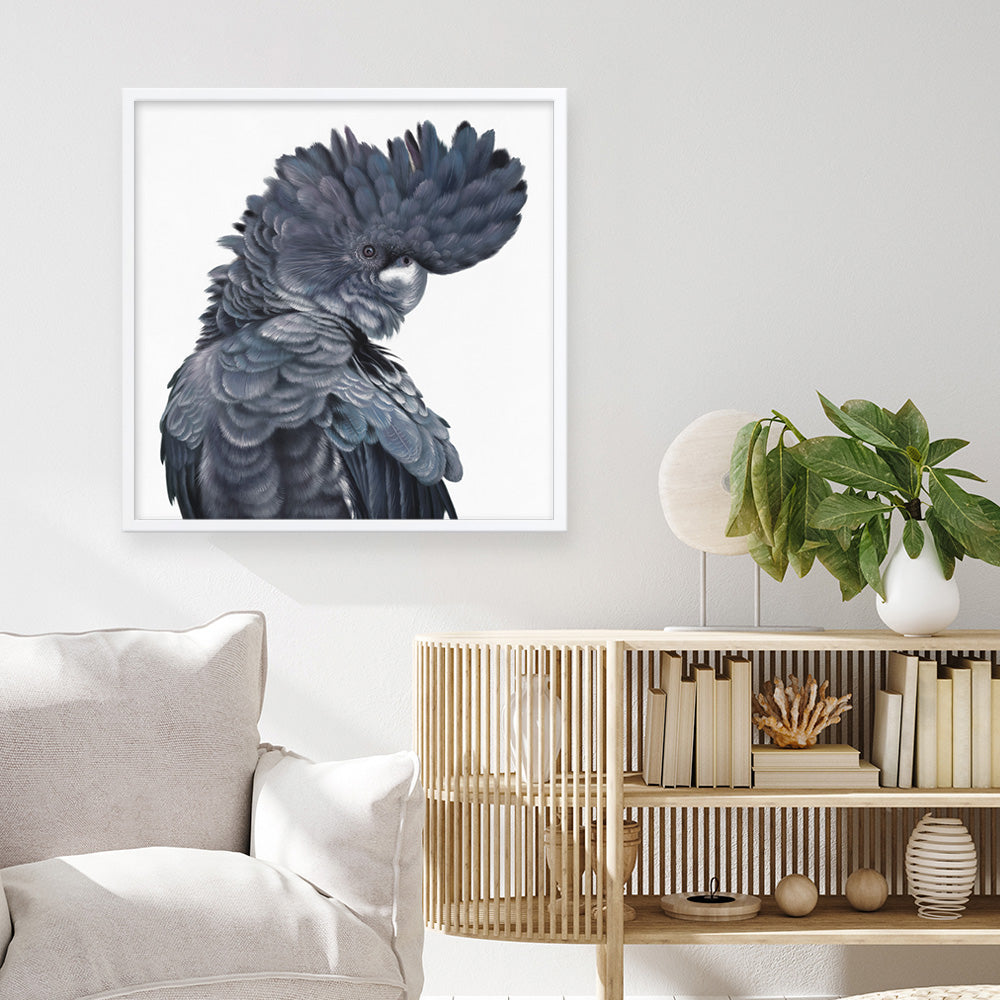 Shop Theo The Black Cockatoo (Square) Art Print a painted bird themed wall art print from The Print Emporium wall artwork collection - Buy Australian made fine art painting style poster and framed prints for the home and your interior decor room, TPE-336-AP