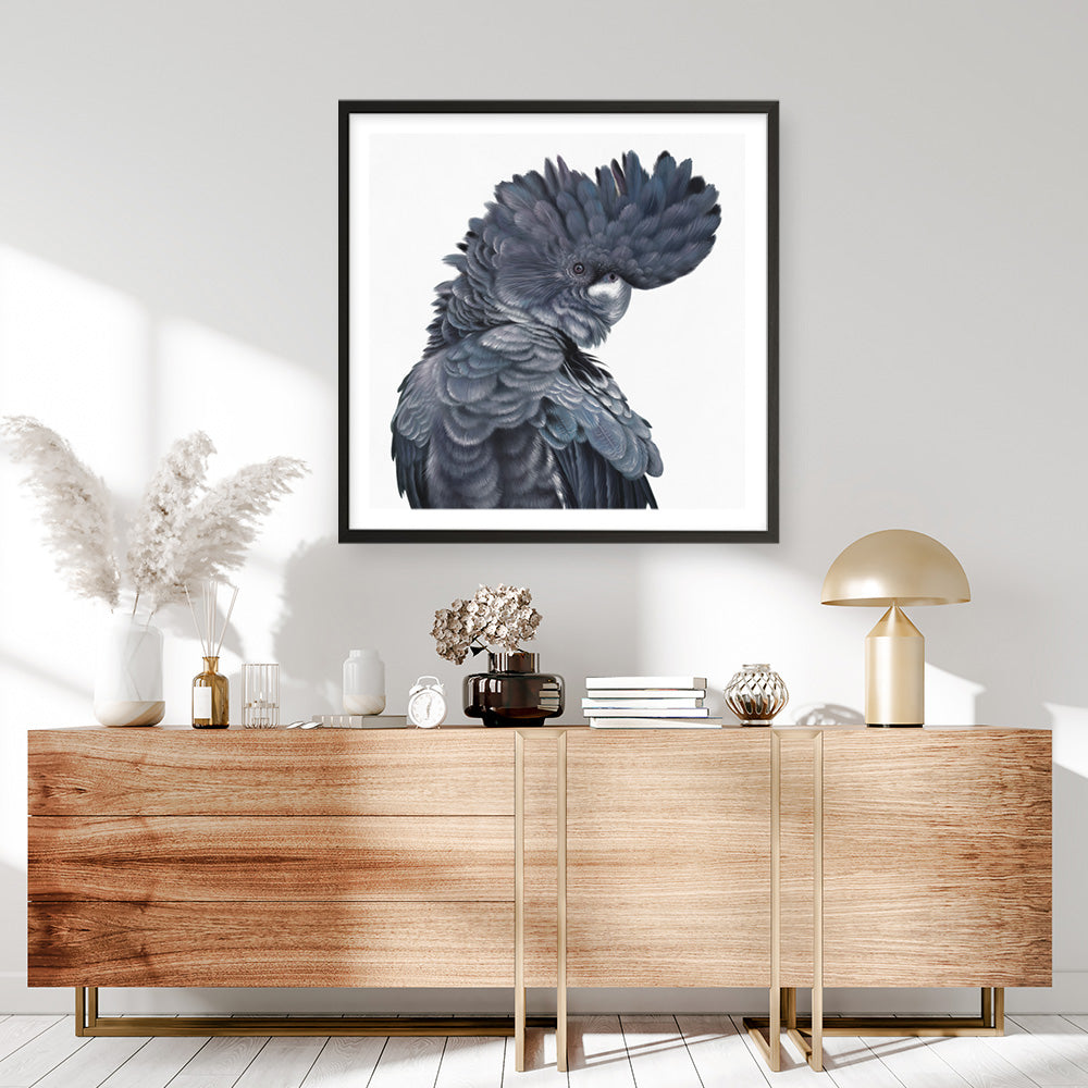 Shop Theo The Black Cockatoo (Square) Art Print a painted bird themed wall art print from The Print Emporium wall artwork collection - Buy Australian made fine art painting style poster and framed prints for the home and your interior decor room, TPE-336-AP