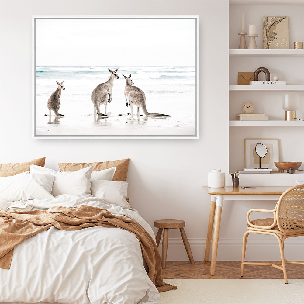 Shop Three Kangaroos Photo Canvas Print a coastal themed photography framed stretched canvas print from The Print Emporium wall artwork collection - Buy Australian made prints for the home and your interior decor space, TPE-907-CA-35X46-NF
