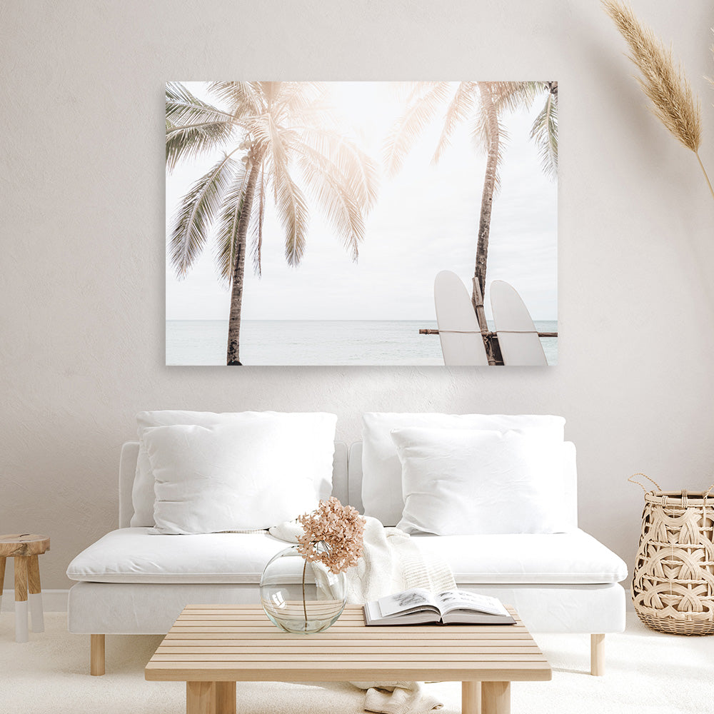 Shop Two Surfboards Photo Canvas Print a coastal themed photography framed stretched canvas print from The Print Emporium wall artwork collection - Buy Australian made prints for the home and your interior decor space, TPE-1199-CA-35X46-NF