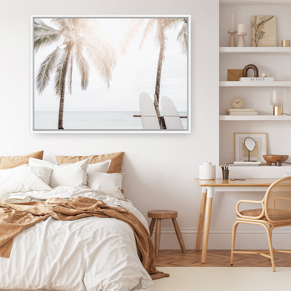Shop Two Surfboards Photo Canvas Print a coastal themed photography framed stretched canvas print from The Print Emporium wall artwork collection - Buy Australian made prints for the home and your interior decor space, TPE-1199-CA-35X46-NF