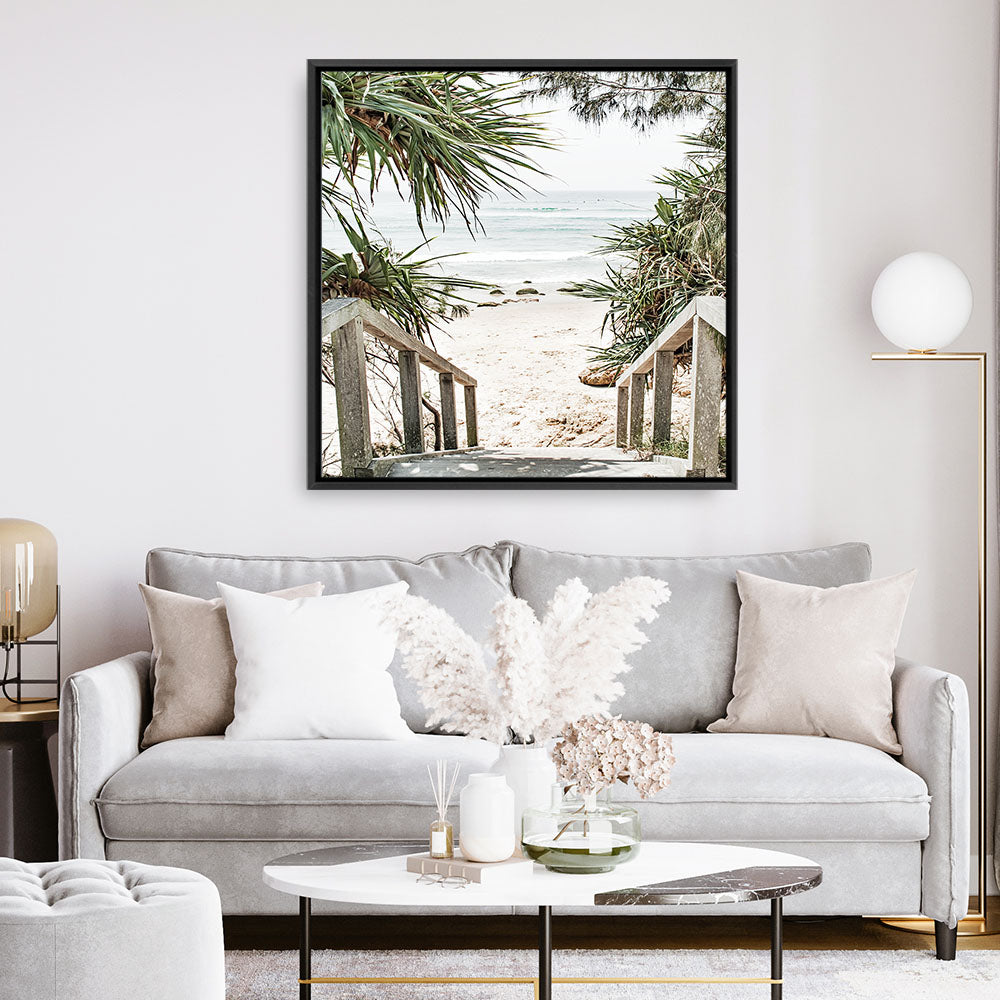 Shop Wategos Beach I (Square) Photo Canvas a coastal themed photography framed stretched canvas print from The Print Emporium wall artwork collection - Buy Australian made prints for the home and your interior decor space, TPE-965-CA-40X40-NF