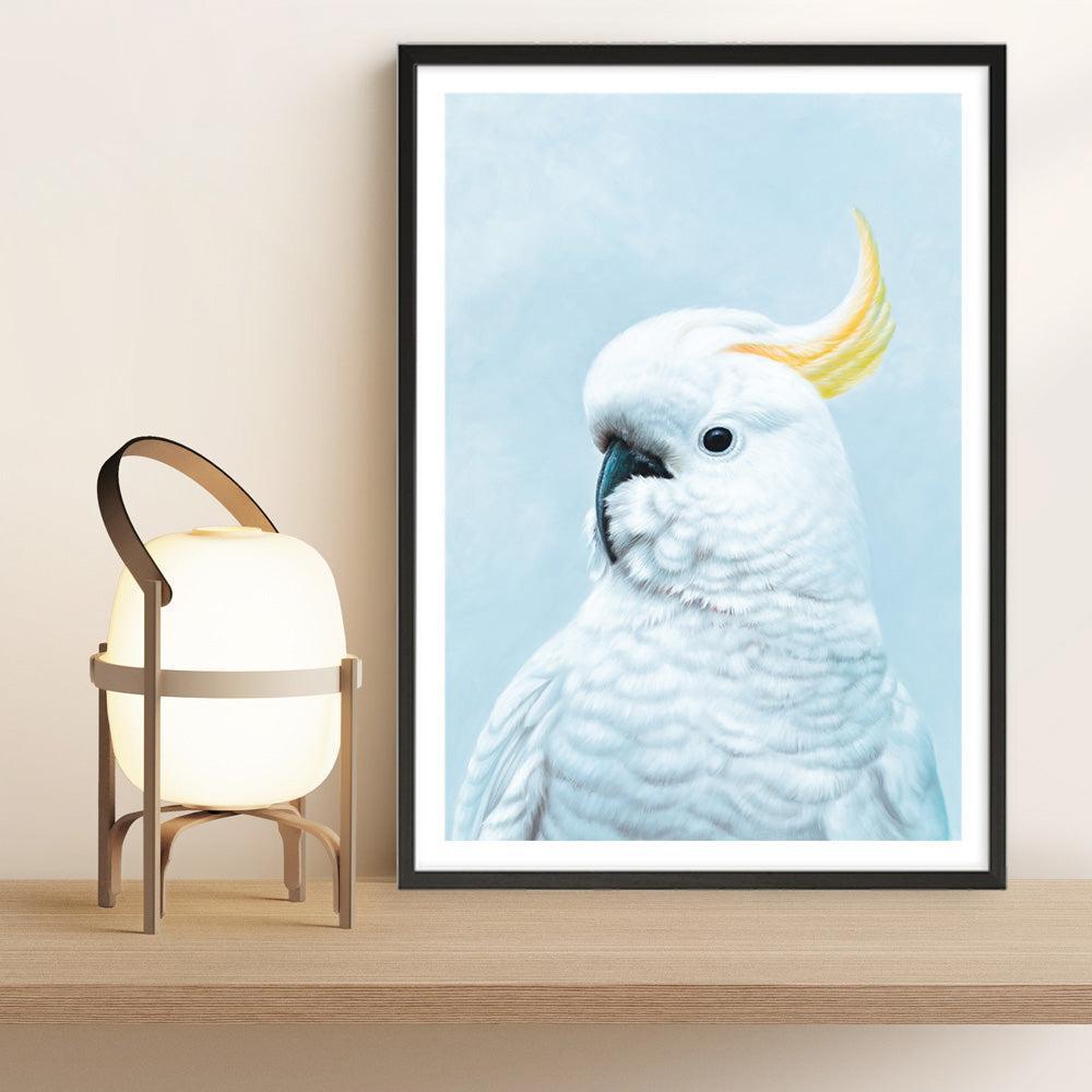 Shop White Cockatoo In Blue Art Print a painted bird themed wall art print from The Print Emporium wall artwork collection - Buy Australian made fine art painting style poster and framed prints for the home and your interior decor room, TPE-010-AP