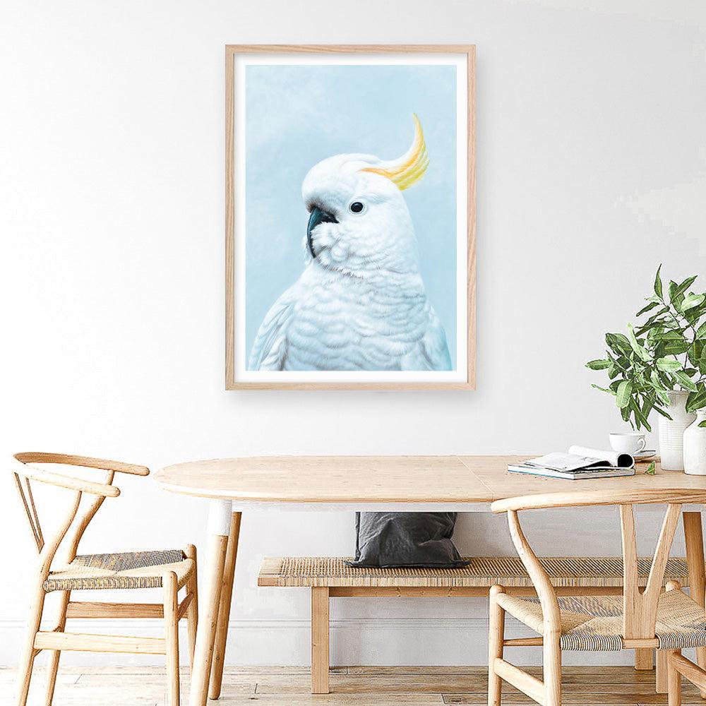 Shop White Cockatoo In Blue Art Print a painted bird themed wall art print from The Print Emporium wall artwork collection - Buy Australian made fine art painting style poster and framed prints for the home and your interior decor room, TPE-010-AP