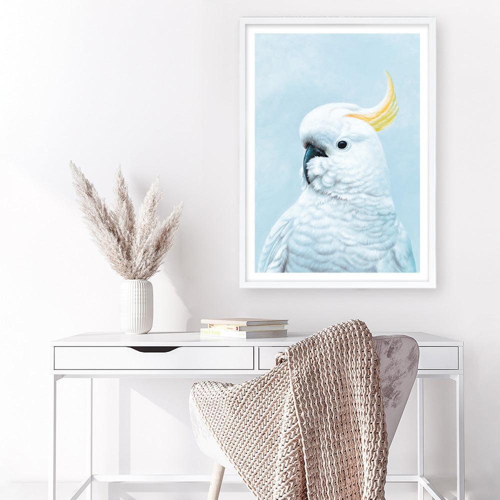 Shop White Cockatoo In Blue Art Print a painted bird themed wall art print from The Print Emporium wall artwork collection - Buy Australian made fine art painting style poster and framed prints for the home and your interior decor room, TPE-010-AP