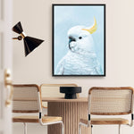 Shop White Cockatoo In Blue Canvas Print a painted bird themed framed canvas wall art print from The Print Emporium artwork collection - Buy Australian made fine art painting style stretched canvas prints for the home and your interior decor space, TPE-010-CA-35X46-NF