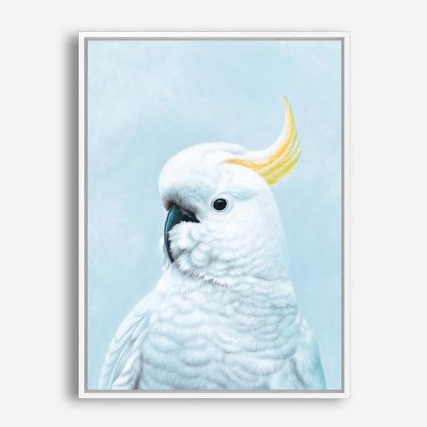Shop White Cockatoo In Blue Canvas Print a painted bird themed framed canvas wall art print from The Print Emporium artwork collection - Buy Australian made fine art painting style stretched canvas prints for the home and your interior decor space, TPE-010-CA-35X46-NF