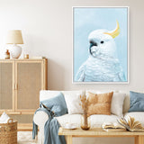 Shop White Cockatoo In Blue Canvas Print a painted bird themed framed canvas wall art print from The Print Emporium artwork collection - Buy Australian made fine art painting style stretched canvas prints for the home and your interior decor space, TPE-010-CA-35X46-NF