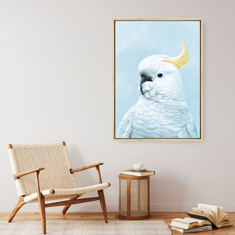 Shop White Cockatoo In Blue Canvas Print a painted bird themed framed canvas wall art print from The Print Emporium artwork collection - Buy Australian made fine art painting style stretched canvas prints for the home and your interior decor space, TPE-010-CA-35X46-NF