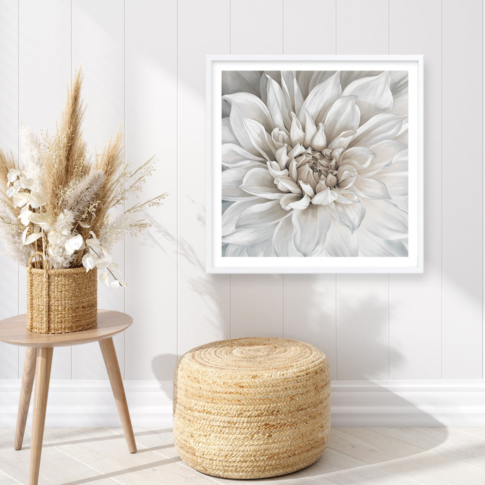 Shop White Dahlia (Square) Art Print a floral themed painted wall art print from The Print Emporium wall artwork collection - Buy Australian made fine art painting style poster and framed prints for the home and your interior decor room, TPE-187-AP