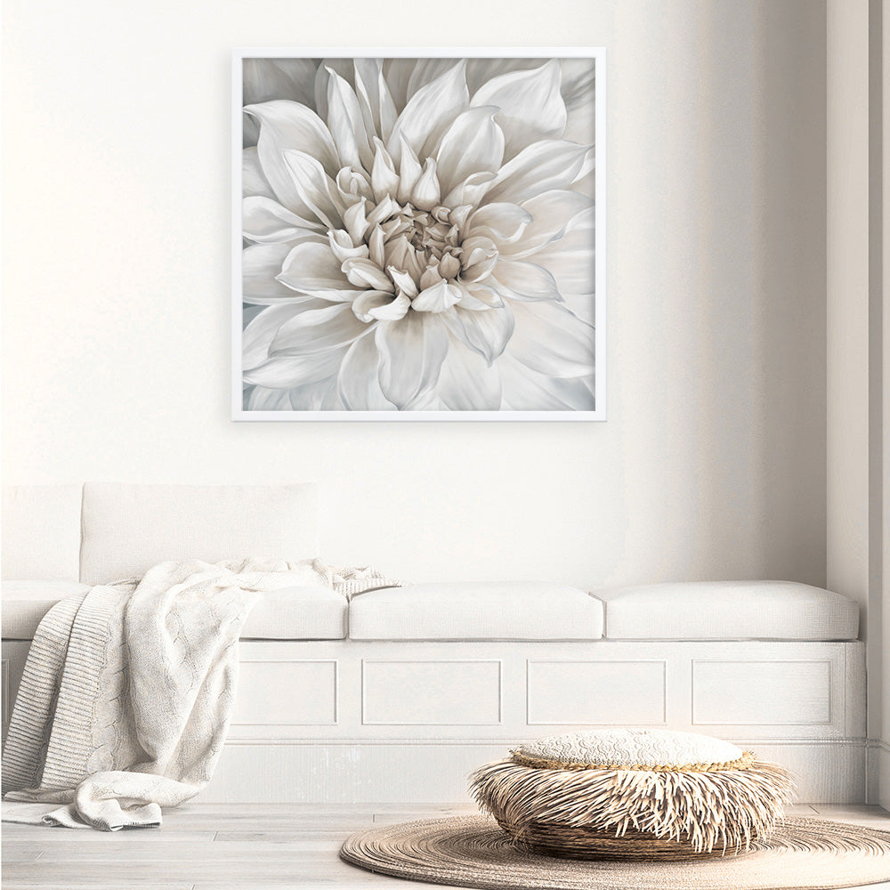 Shop White Dahlia (Square) Art Print a floral themed painted wall art print from The Print Emporium wall artwork collection - Buy Australian made fine art painting style poster and framed prints for the home and your interior decor room, TPE-187-AP
