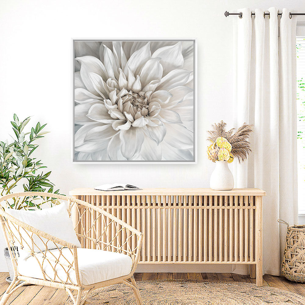 Shop White Dahlia (Square) Canvas Print a floral themed painted framed canvas wall art print from The Print Emporium artwork collection - Buy Australian made fine art painting style stretched canvas prints for the home and your interior decor space, TPE-187-CA-40X40-NF