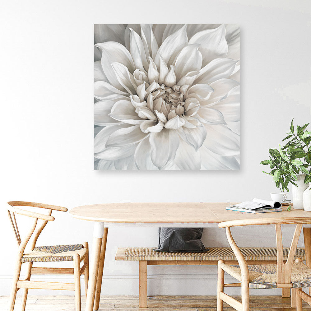 Shop White Dahlia (Square) Canvas Print a floral themed painted framed canvas wall art print from The Print Emporium artwork collection - Buy Australian made fine art painting style stretched canvas prints for the home and your interior decor space, TPE-187-CA-40X40-NF