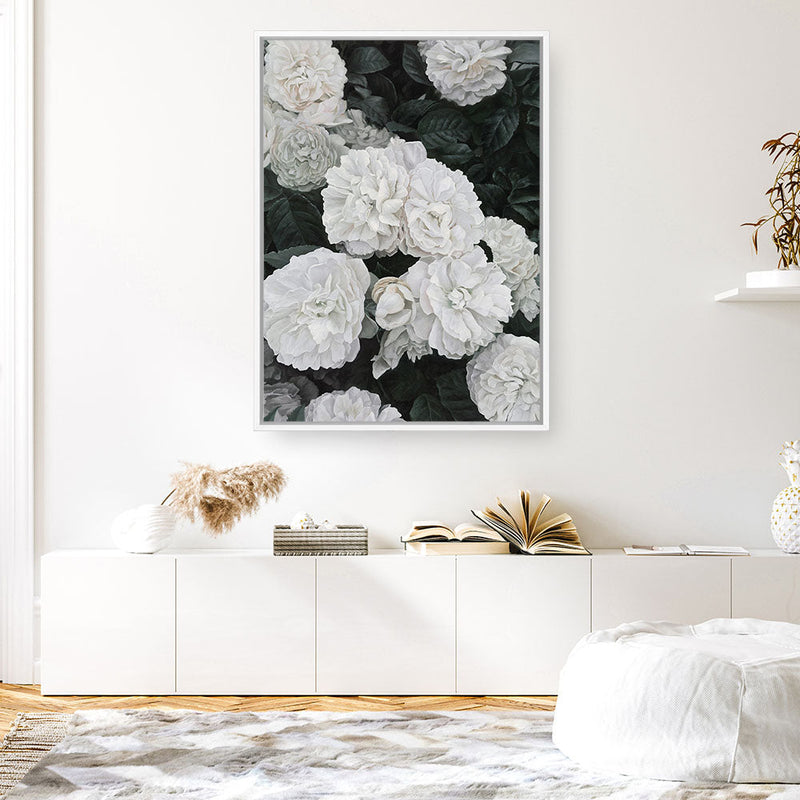 Shop White English Roses Canvas Print a floral themed painted framed canvas wall art print from The Print Emporium artwork collection - Buy Australian made fine art painting style stretched canvas prints for the home and your interior decor space, TPE-008-CA-35X46-NF