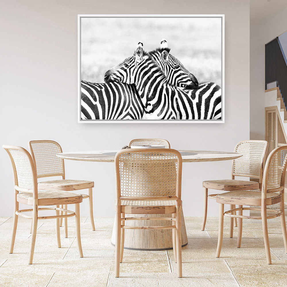 Shop Zebra Hug Photo Canvas Print a photography framed stretched canvas print from The Print Emporium wall artwork collection - Buy Australian made prints for the home and your interior decor space, TPE-876-CA-35X46-NF