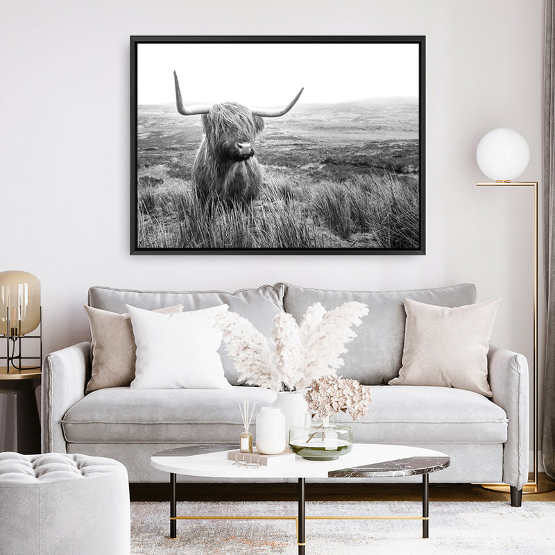 Highland Cow B&W Photo Canvas Print