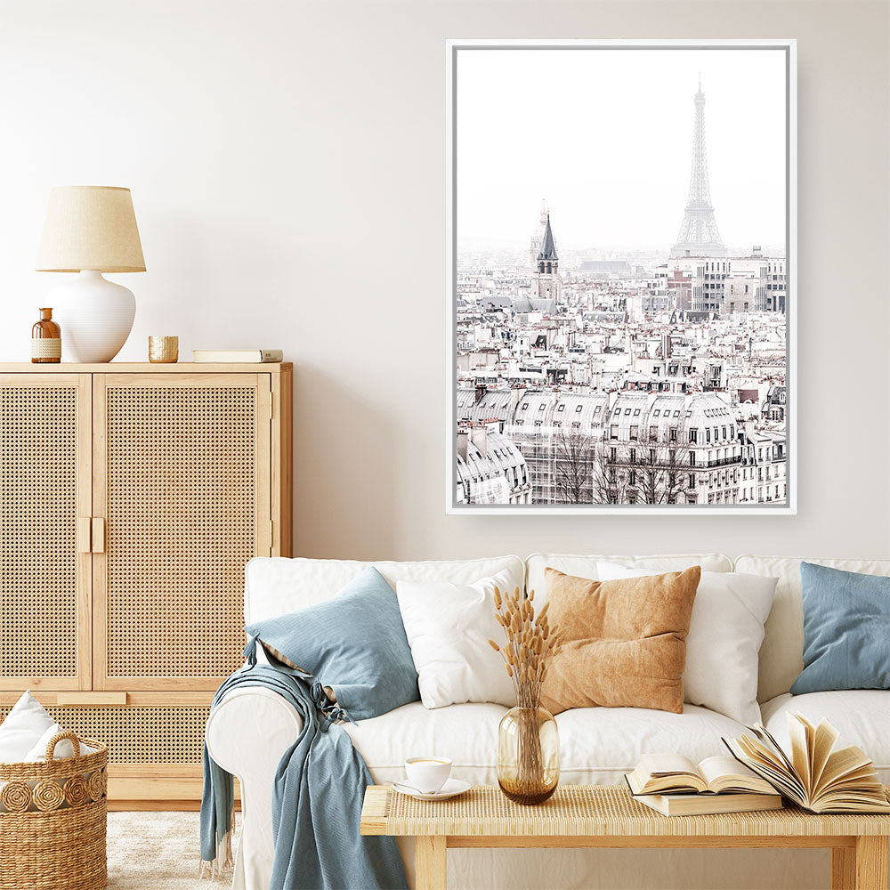 Shop Paris Rooftops Photo Canvas Print an Eiffel Tower France themed photography framed stretched canvas print from The Print Emporium wall artwork collection - Buy Australian made prints for the home and your interior decor space, TPE-747-CA-35X46-NF