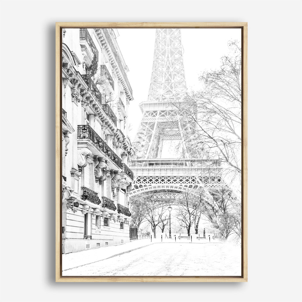Shop Winter In Paris B&W Photo Canvas Print an Eiffel Tower France themed photography framed stretched canvas print from The Print Emporium wall artwork collection - Buy Australian made prints for the home and your interior decor space, TPE-608-CA-35X46-NF