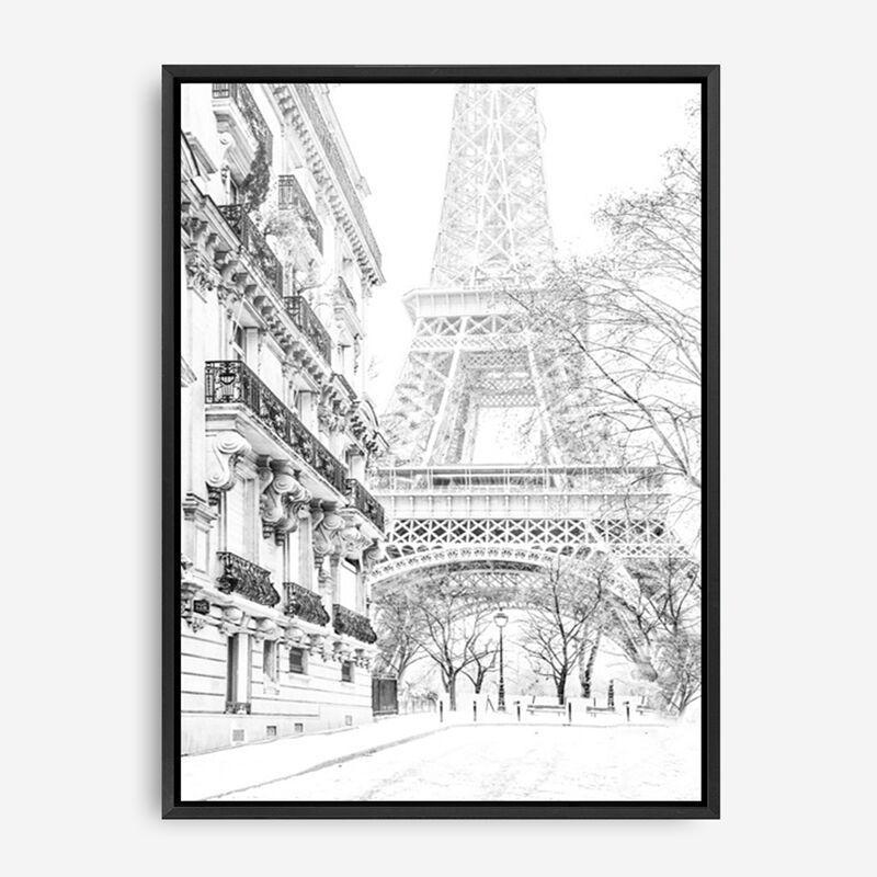 Shop Winter In Paris B&W Photo Canvas Print an Eiffel Tower France themed photography framed stretched canvas print from The Print Emporium wall artwork collection - Buy Australian made prints for the home and your interior decor space, TPE-608-CA-35X46-NF
