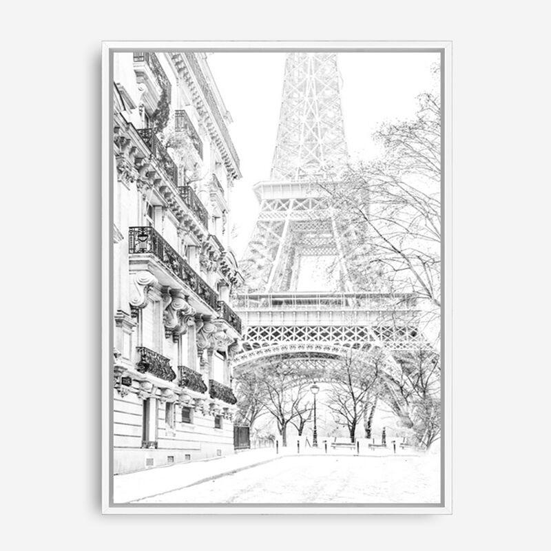 Shop Winter In Paris B&W Photo Canvas Print an Eiffel Tower France themed photography framed stretched canvas print from The Print Emporium wall artwork collection - Buy Australian made prints for the home and your interior decor space, TPE-608-CA-35X46-NF